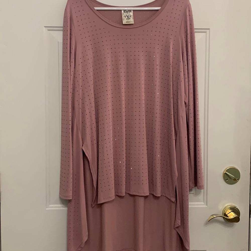 Pink (mauve) long-sleeved tunic top with bling on front, back and sleeves.